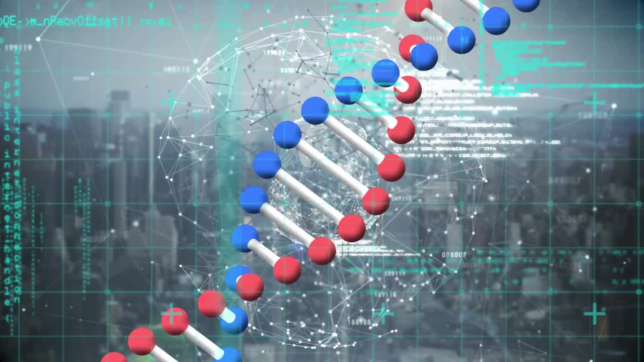 Animation of dna strand over cityscape and data processing