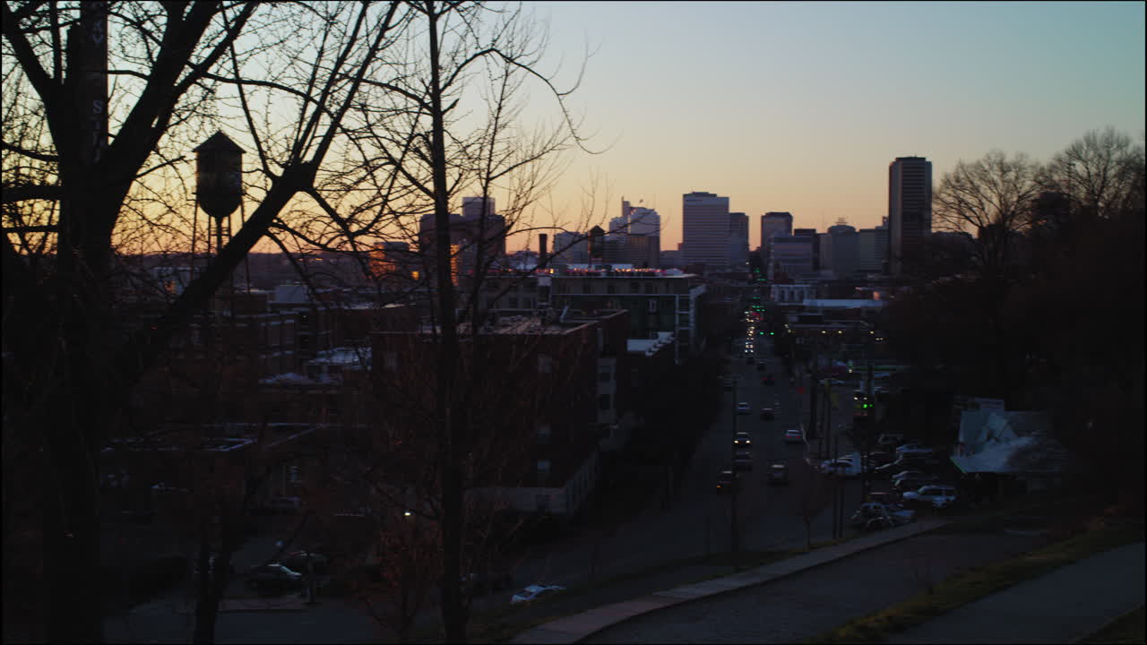 Gimbal shot of sunset over Downtown Richmond, Virginia