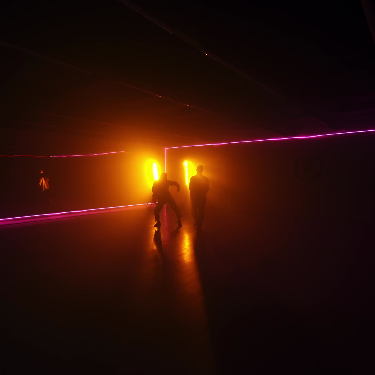 Dark shadows couple modern dancing. Stylish silhouette dancers