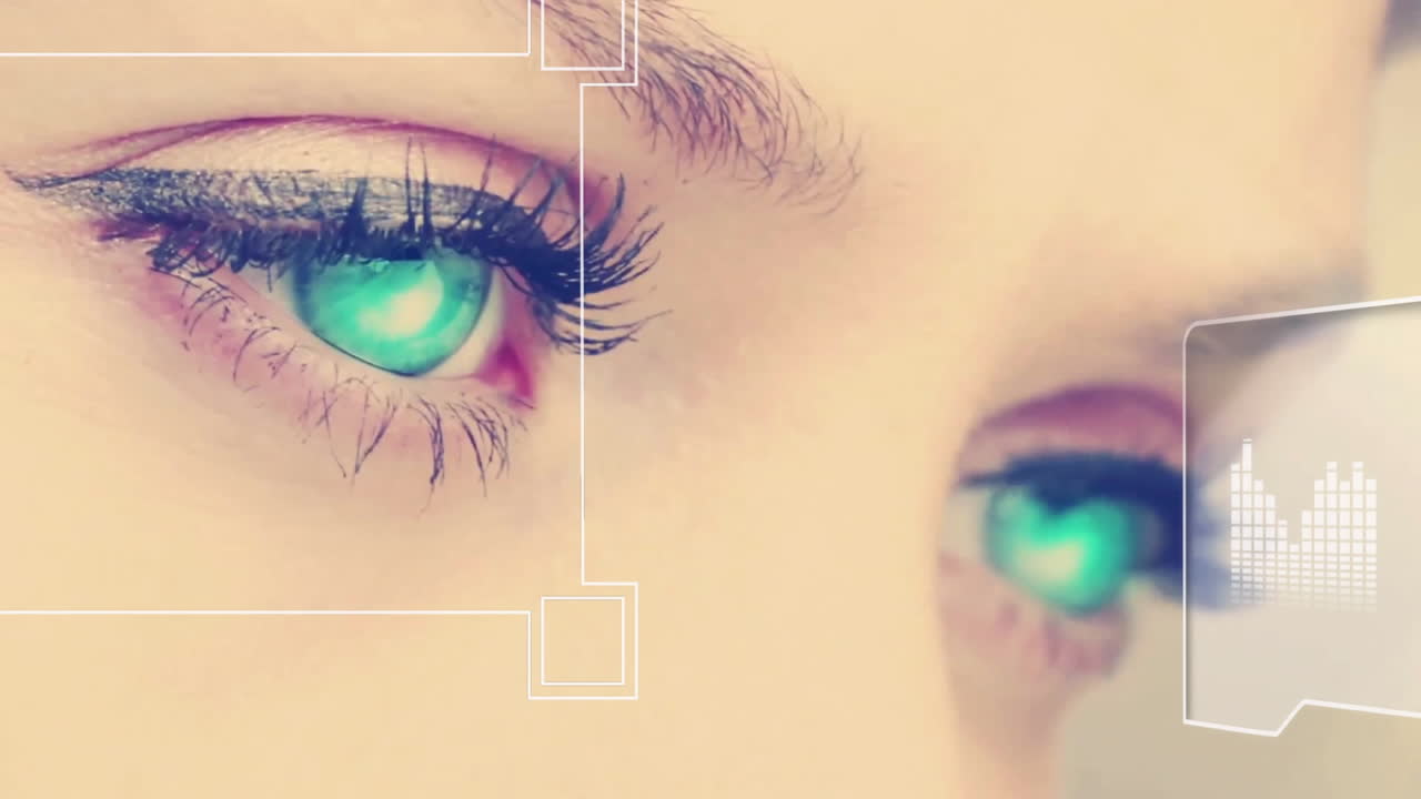 Animation of glowing eyes with digital interface elements in futuristic style