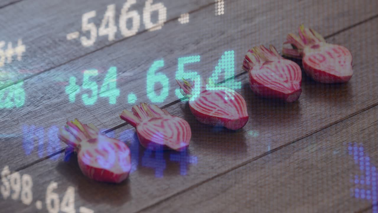 Numeric overlay appearing over halved shallots, flickering prices and casting glow to show market