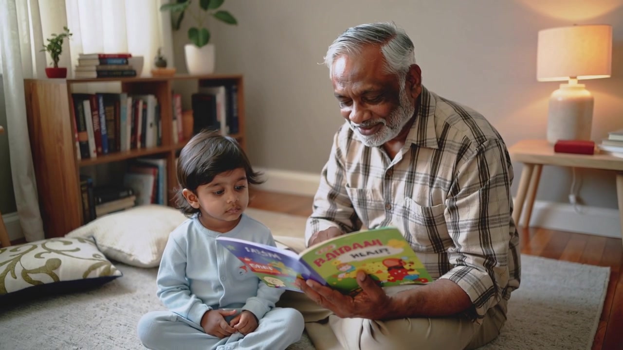 Mostrando un libro colorato, nonno con camicia a quadri che legge ad alta voce sul tappeto di casa, insegnando a un bambino con vestiti blu.