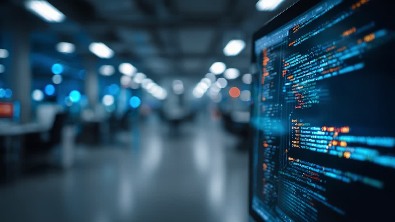 A Dynamic Workspace Depicting Code and Technology: Engaging Visuals of Computer Programming in a Modern Office Environment with Innovative Features and Soft Lighting