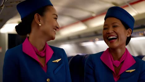 two flight attendants in conversation