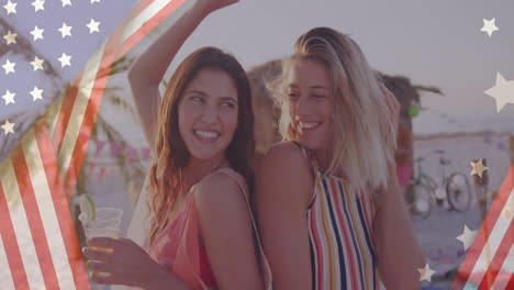 american flag stars and stripes animation over two women dancing on beach