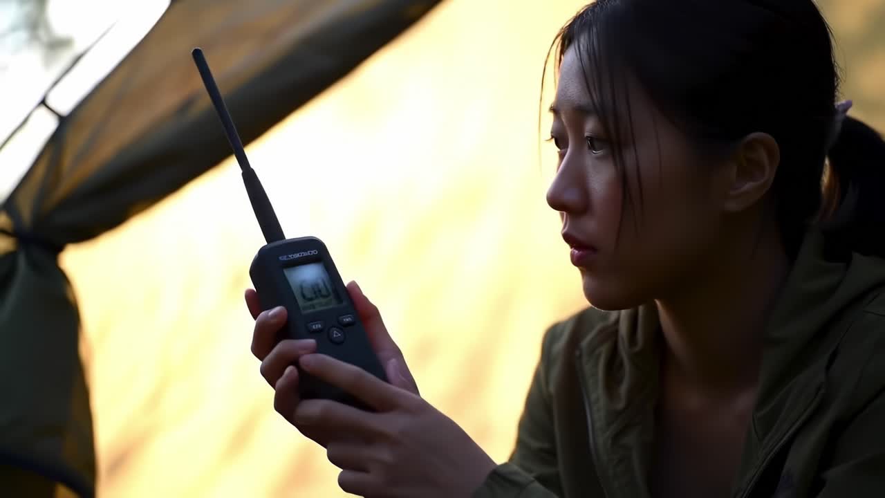 A solitary camper reflects while holding a radio device, encapsulating an introspective moment in nature beneath a tent, surrounded by the tranquility of the wilderness