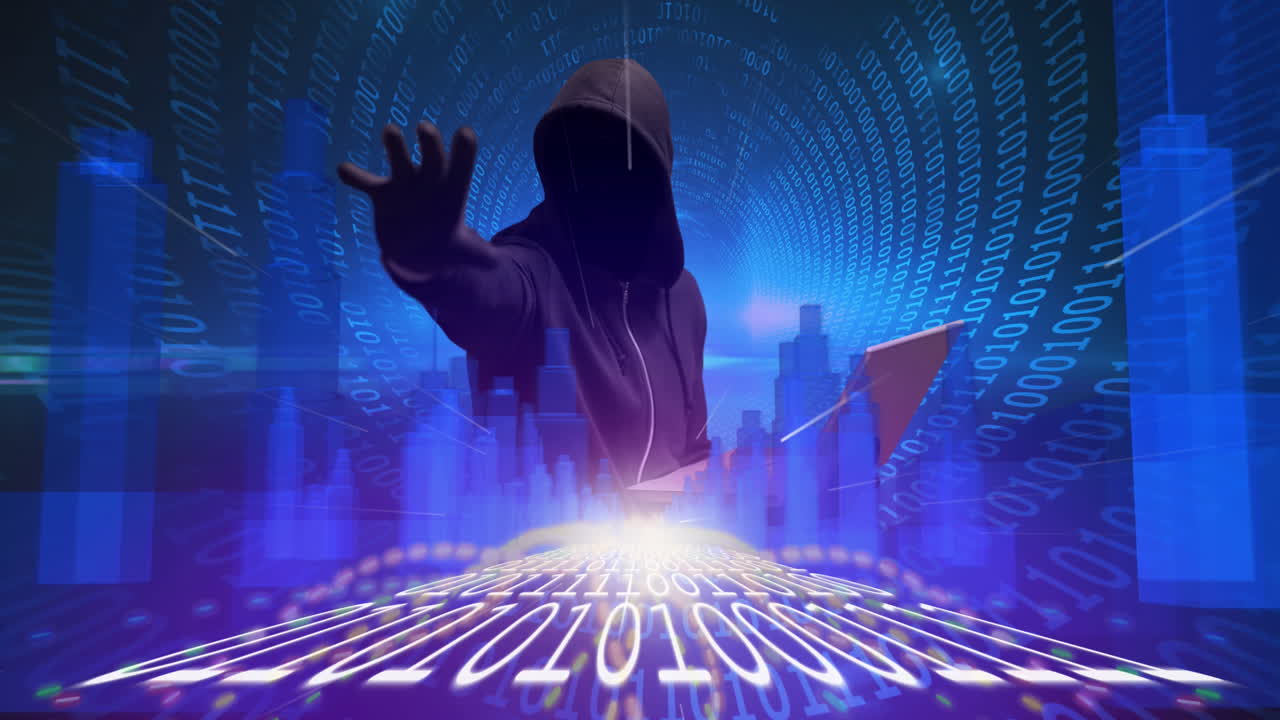 3d 도시 모델이 바이너리 코딩을 통해 후드 해커에 맞서고 있습니다.
