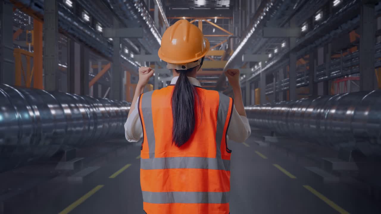 Back View Of A Female Engineer With Safety Helmet Raising Her Hands Celebrating While Working With Metal Pipes