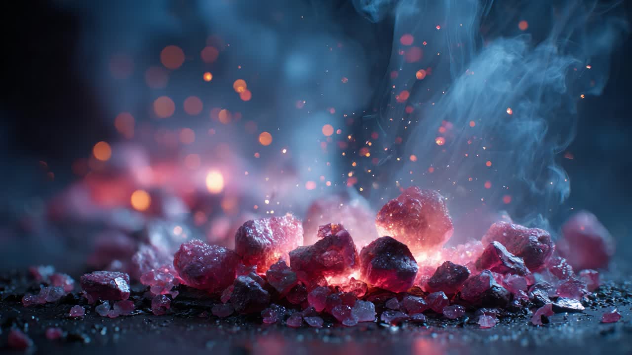 A Captivating Display of Glowing Crystals Radiating Heat and Energy Amidst Spiraling Smoke and Dazzling Sparks, Creating a Mystical Atmosphere of Natural Beauty