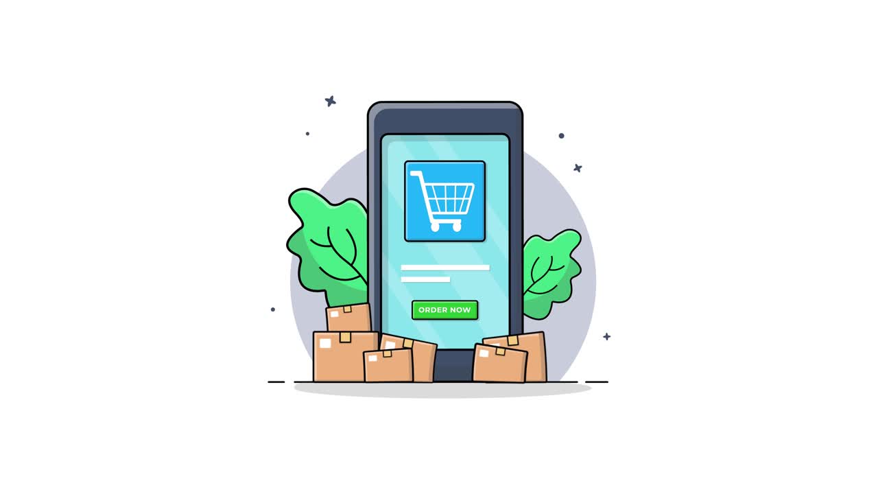 Smartphone animato che mostra shopping online e consegna di pacchi
