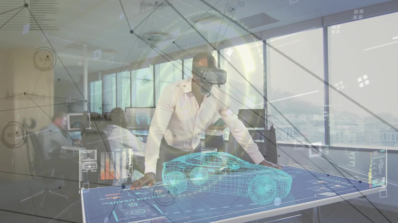 Male engineer using VR headset leaning on digital table in studio, overlaying network graphics