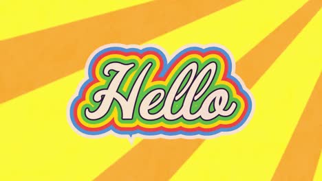 animación digital del texto de saludo con efecto de sombra de arco iris sobre fondo radial amarillo y naranja
