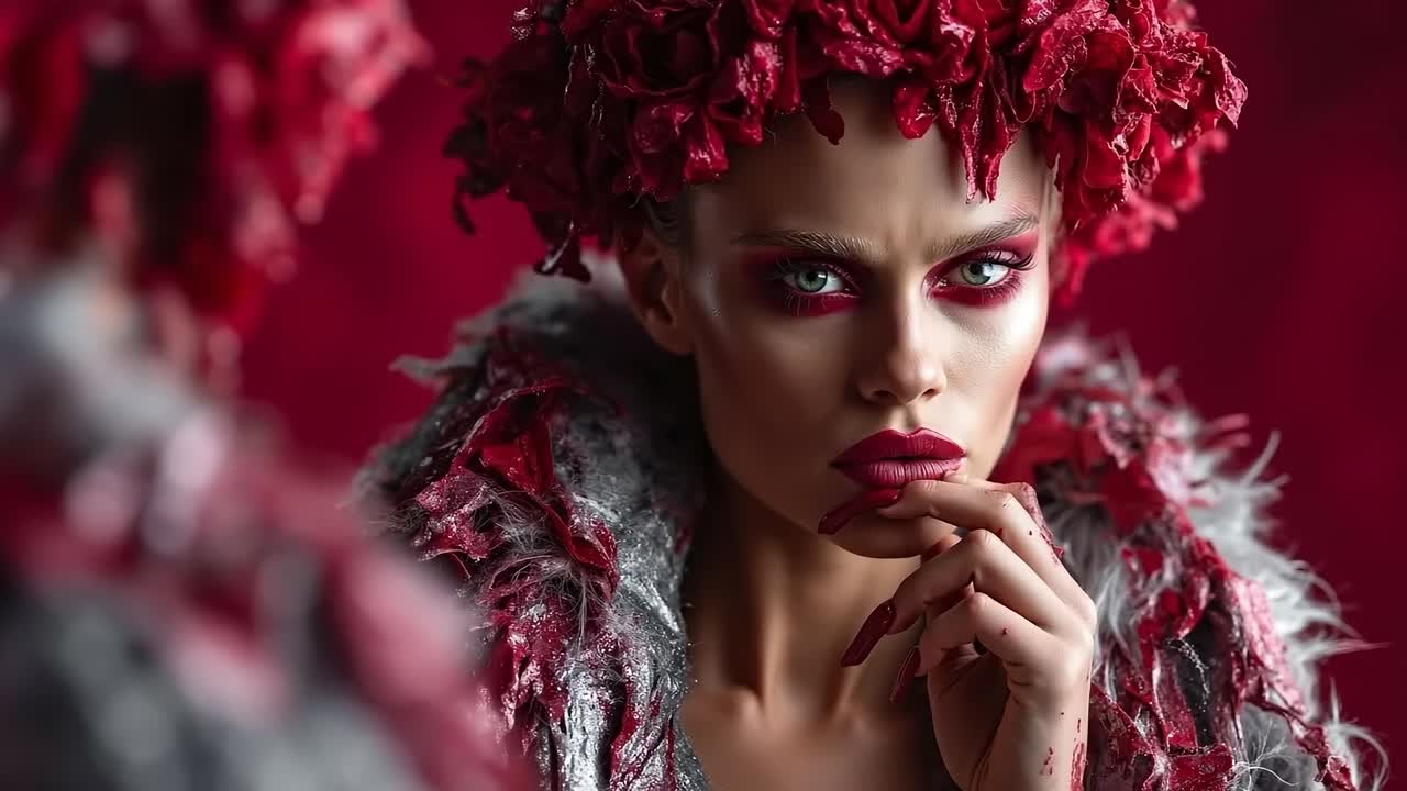 A woman with red makeup and red flowers in her hair