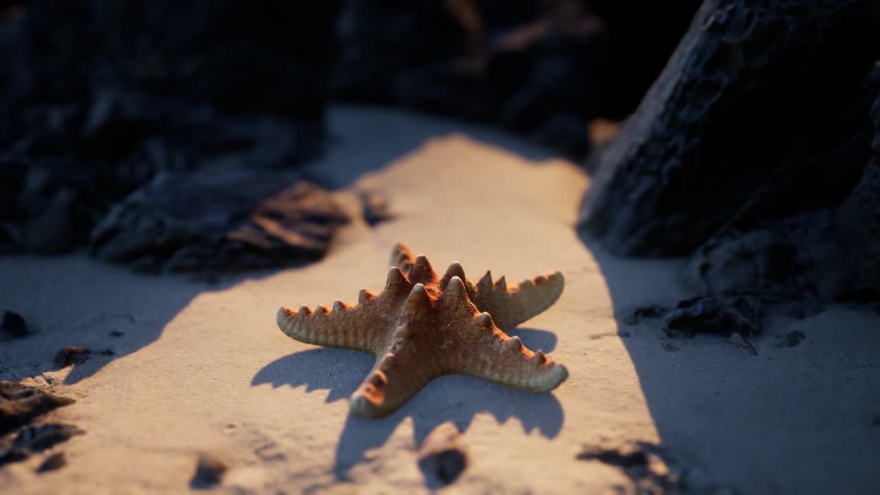 Starfish on sandy beach at sunset