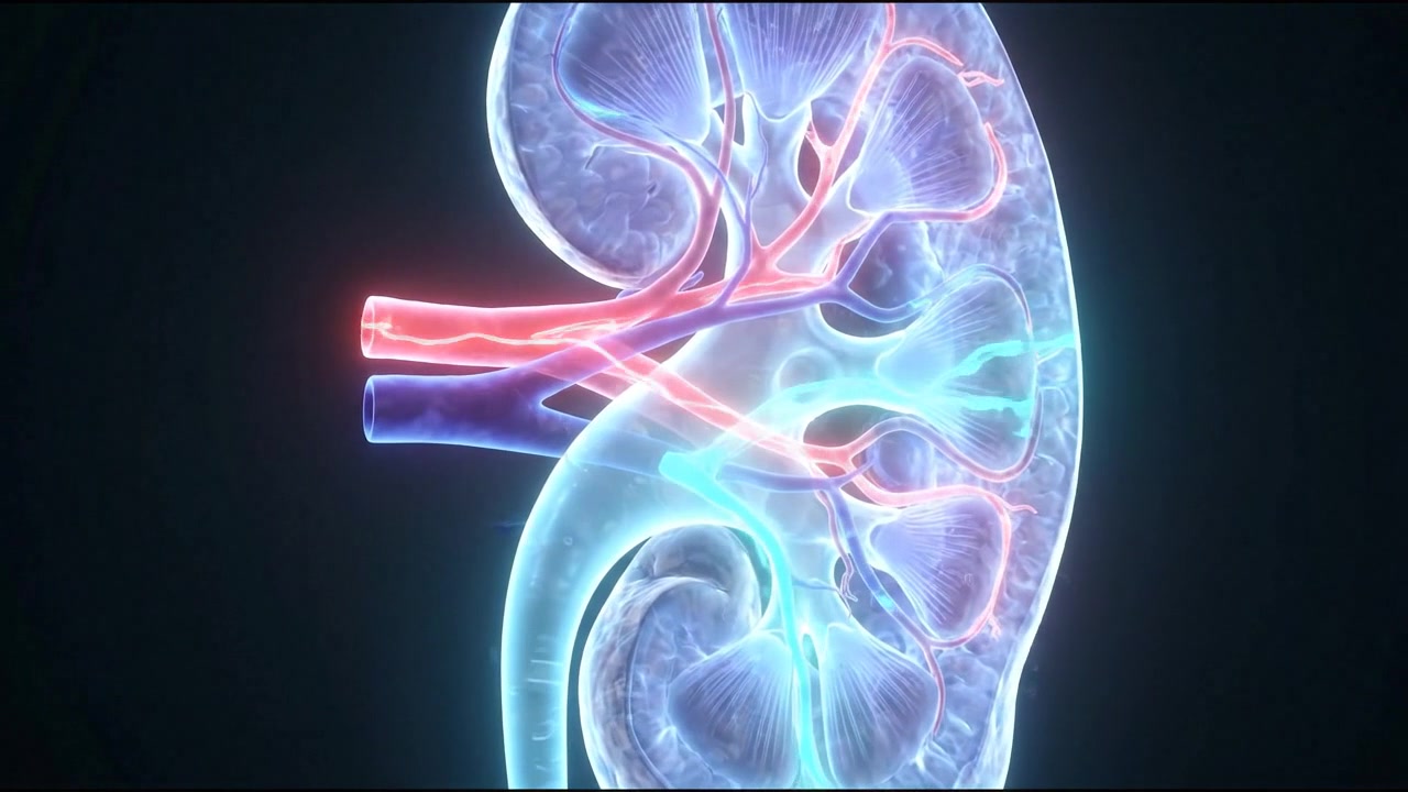 Single 3D human kidney model with glowing renal blood vessels