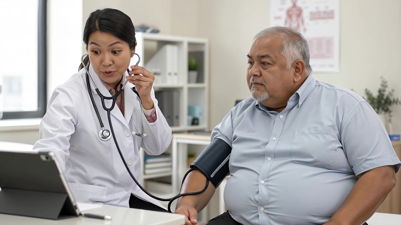 Female healthcare professional measuring the blood pressure of a man in a medical clinic