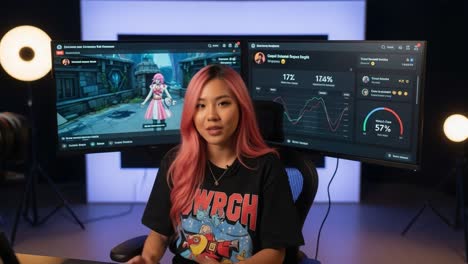 engaging content creator analyzes game performance metrics with dual monitors, providing insights and strategies for viewers in a vibrant, modern workspace
