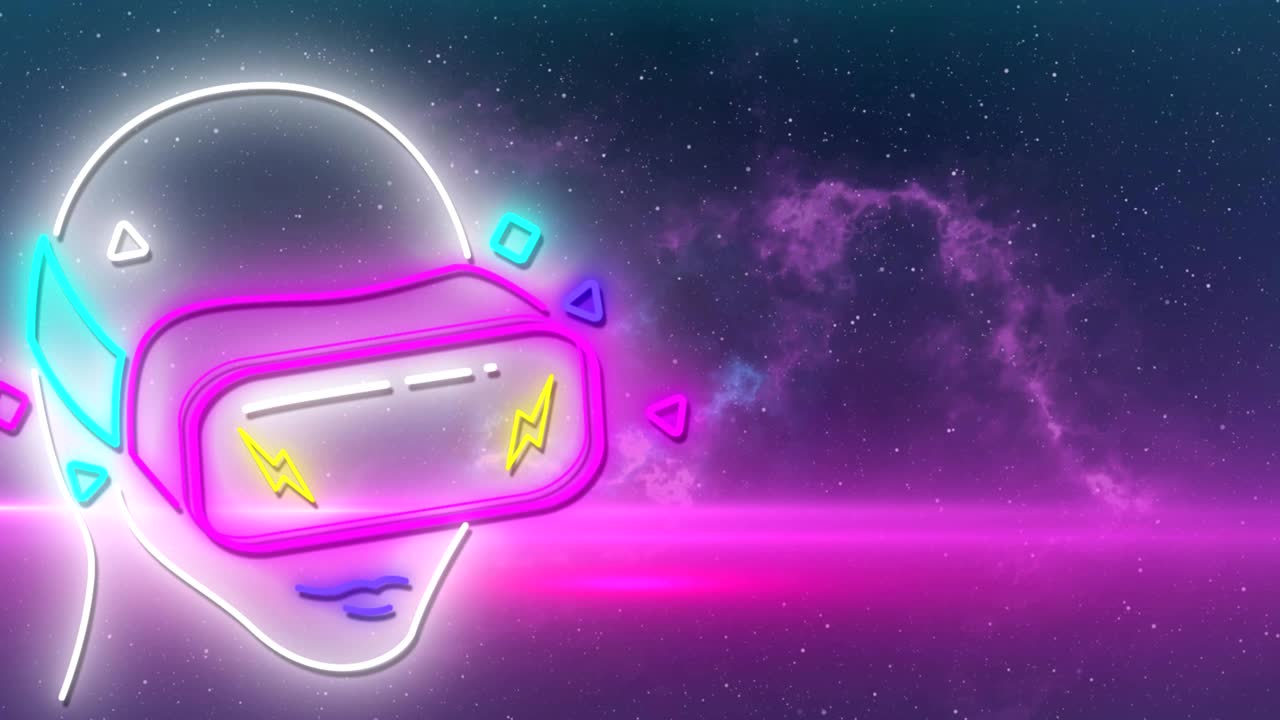 animación de cabeza de neón con auriculares vr en bucle sin costuras sobre nubes púrpuras