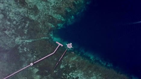 Coral-reef-island-in-Raja-Ampat-Indonesia-with-boat-leaving-diving-pier-area,-Aerial-top-view-lowering-shot