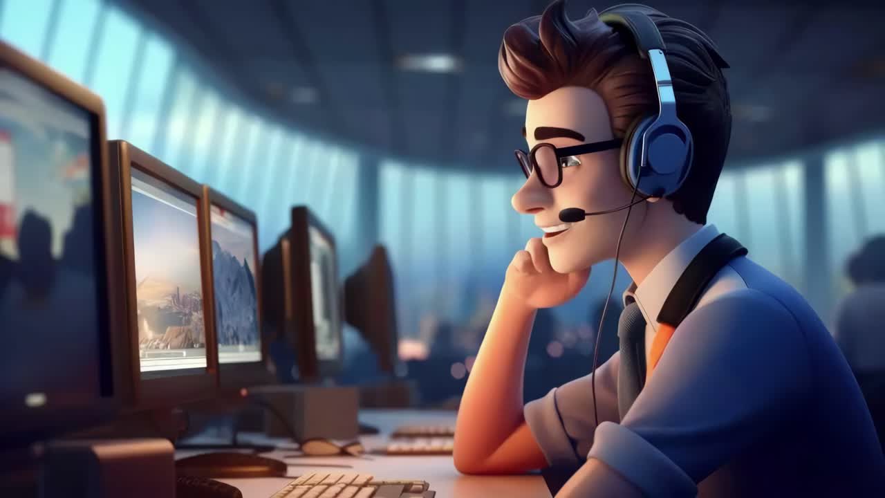 Animated professional in a headset, focused on video editing at a computer