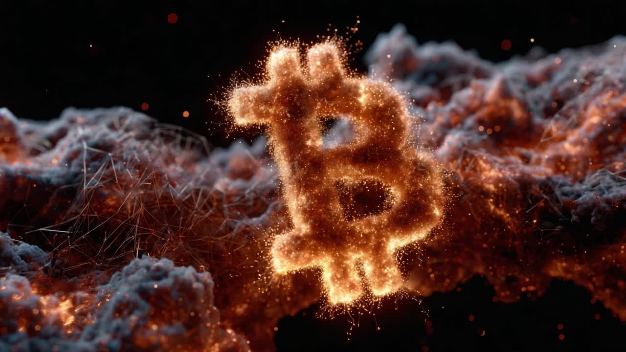 A Stunning Visual Representation of Cryptocurrency: The Glowing Bitcoin Symbol Illuminates the Digital Landscape in This Captivating Frame Sequence