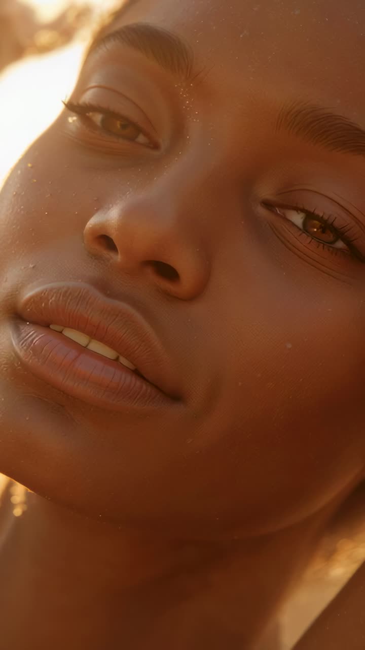 Vídeo vertical: mujer sonriente manteniendo la mirada y posando en la playa, destellos de lente recorriendo su cara, brazo levantado