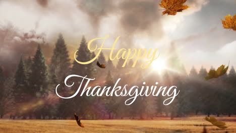 animation of happy thanksgiving text over autumn leaves falling in park