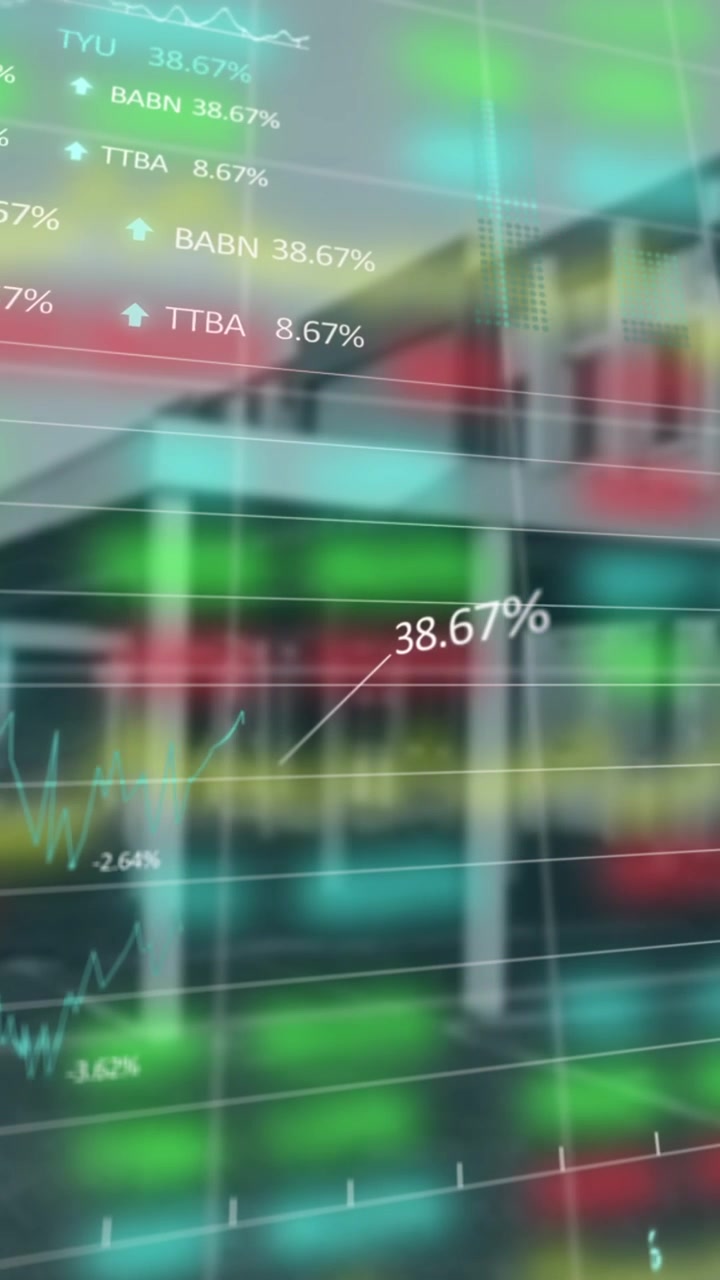 Datos financieros animados y gráficos bursátiles sobre un edificio borroso