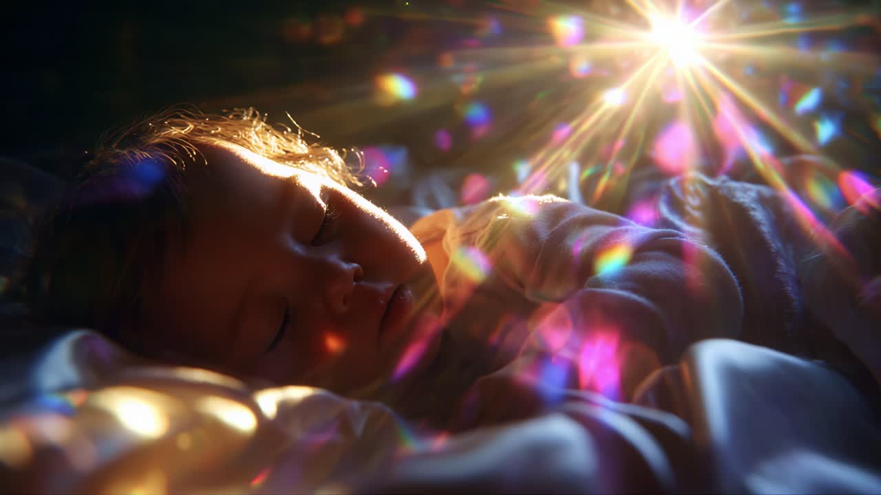 A Serene Moment: Capturing the Peaceful Slumber of a Baby Surrounded by the Enchanting Light Effects of a Dazzling Sunbeam, Emphasizing the Pure Tranquility and Innocence of Childhood