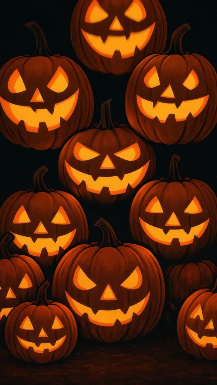 Low-angle video frame of glowing jack-o'-lanterns against a dark background, creating a spooky