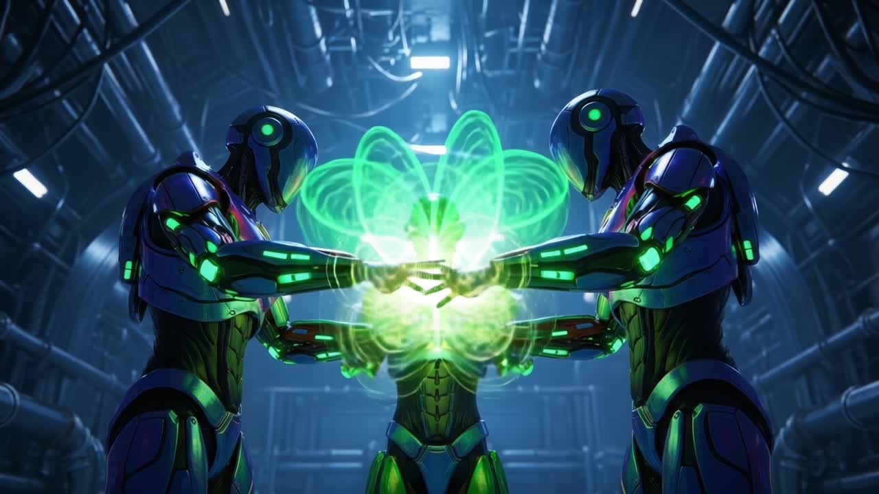 Two Advanced Robots Collaborate to Harness Energy from a Core Source, Displaying Futuristic Technology and Dynamic Light Effects in a High-Tech Environment