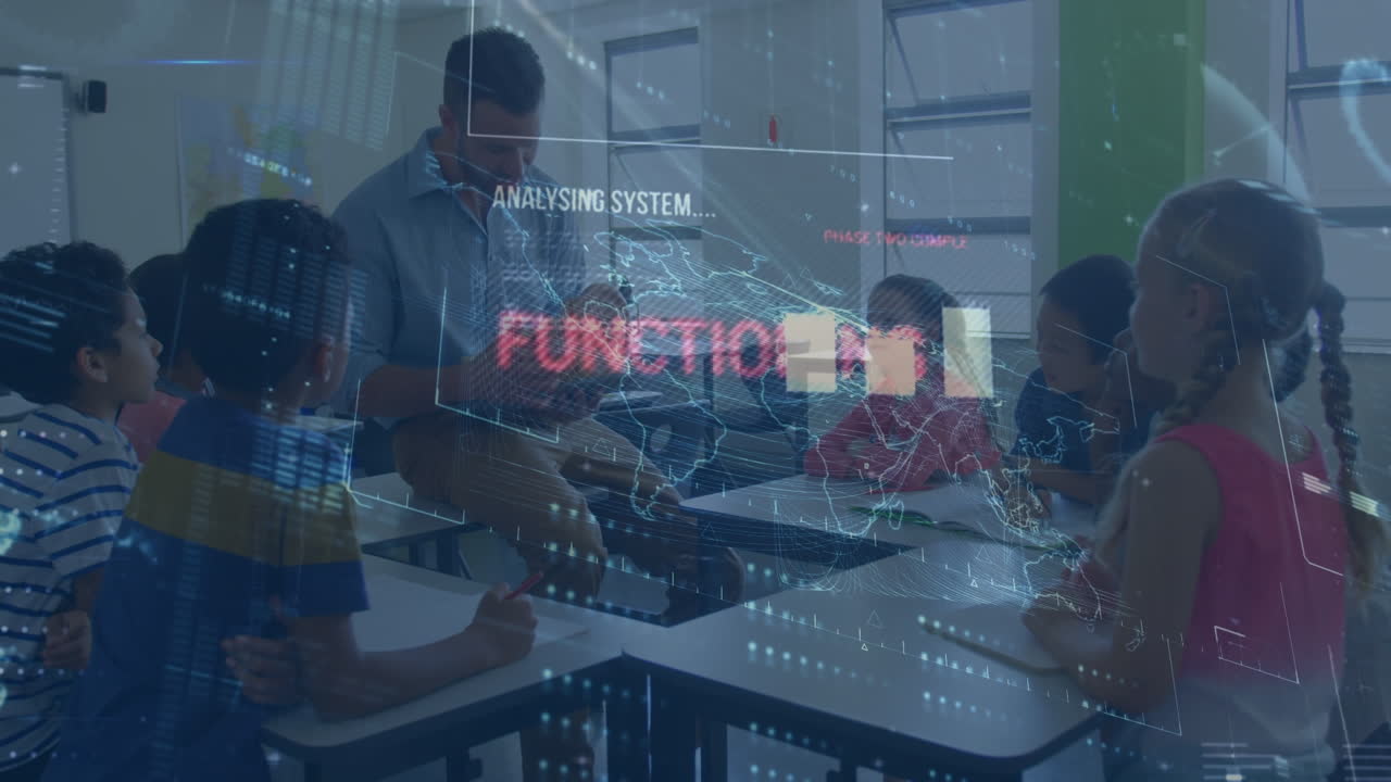 Animation of data processing over caucasian male teacher and class of diverse pupils