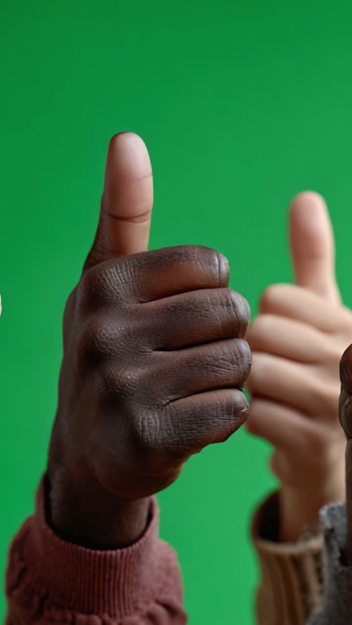 Célébration de l’approbation : diverses mains levant le pouce vers le haut sur un arrière-plan vert éclatant, symbolisant la positivité et l’accord dans un cadre amusant et engageant