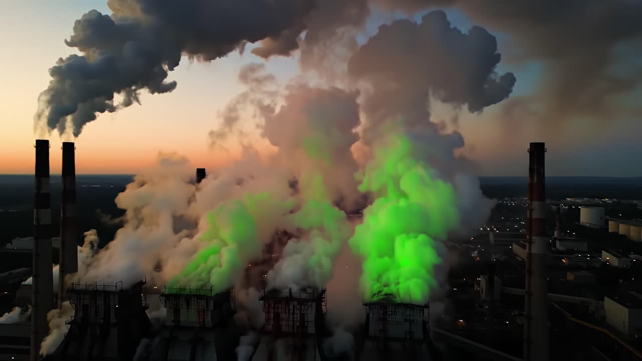 Aerial View of Industrial Power Plant at Sunset Emitting Colorful Smoke, Highlighting Environmental Impact and Aesthetic Contrasts of Industry and Nature