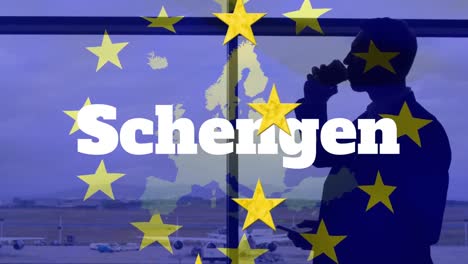 Texto-Schengen-Y-Estrellas-Amarillas-Girando-Alrededor-Del-Mapa-De-La-Ue-Contra-Un-Hombre-Bebiendo-Café