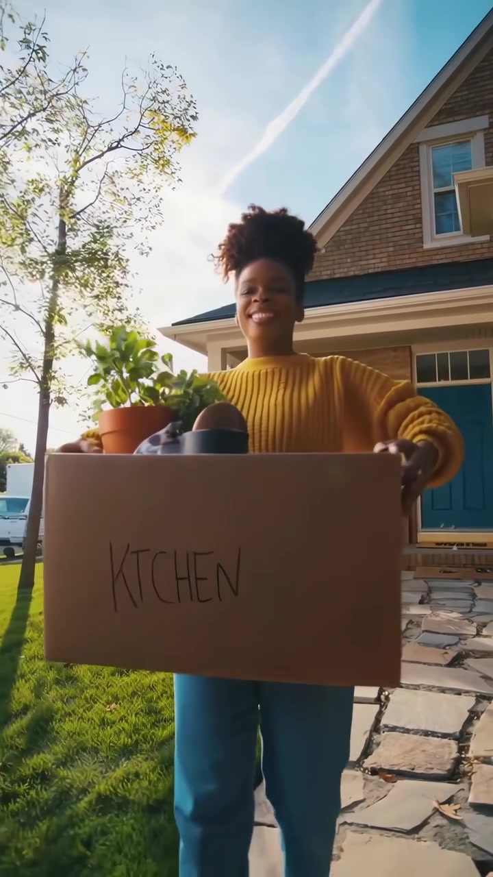 Happy Woman Carrying Moving Box to Her New Home