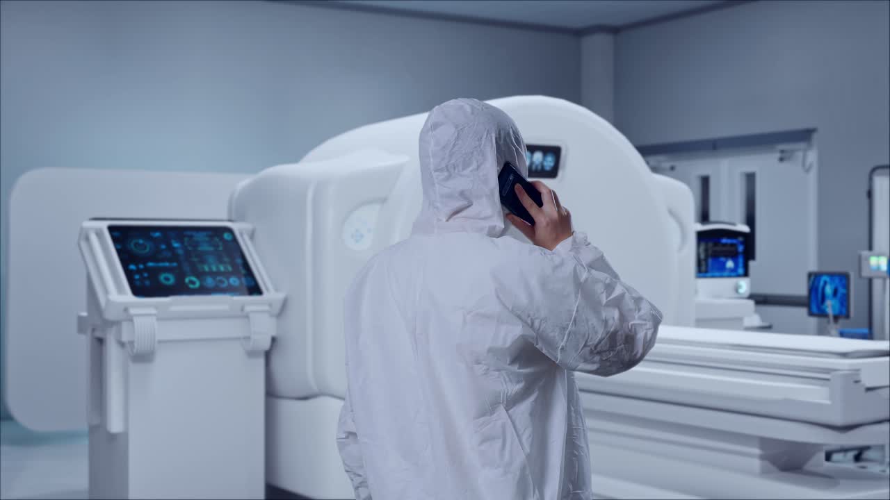 Back View Of Asian Male Scientist Talking On Smartphone While Standing With MRI Machine In The Hospital