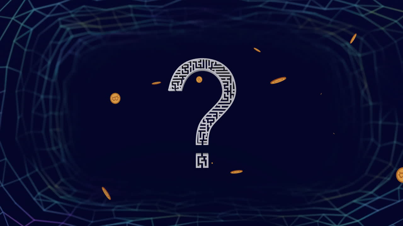 어두운 파란색 디지털 네트워크를 통해 미로 패턴과 비트코인을 가진 질문표