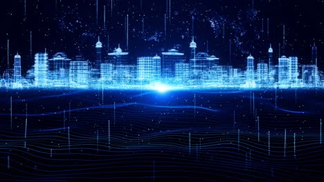 3d digital virtual reality city wireframe in bright blue and white colors consist of particles loop