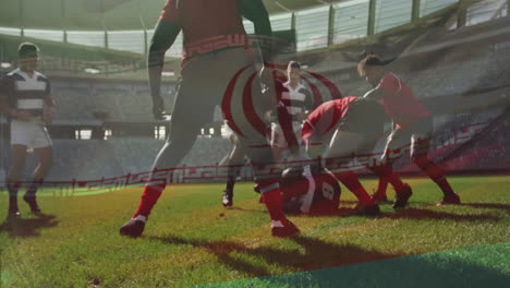 animation of flag of iran over diverse rugby players on field