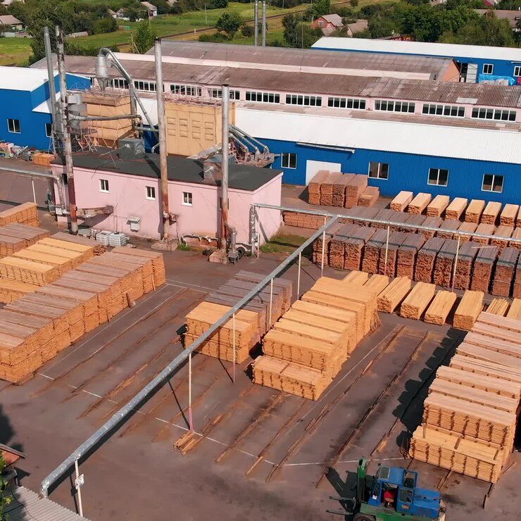 Tavole di legno stoccate in pile nel territorio di un moderno stabilimento. Magazzini per lo stoccaggio e la lavorazione del legno e la produzione di porte