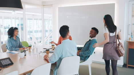 Meeting,-office-and-woman-greeting-colleagues