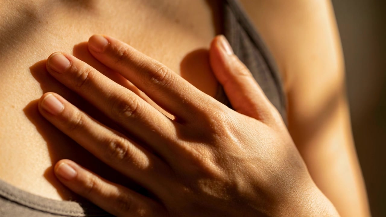 Réagissant à la lumière du soleil, une femme en débardeur tient sa main droite sur son sternum à la maison avec des bandes d'ombre.