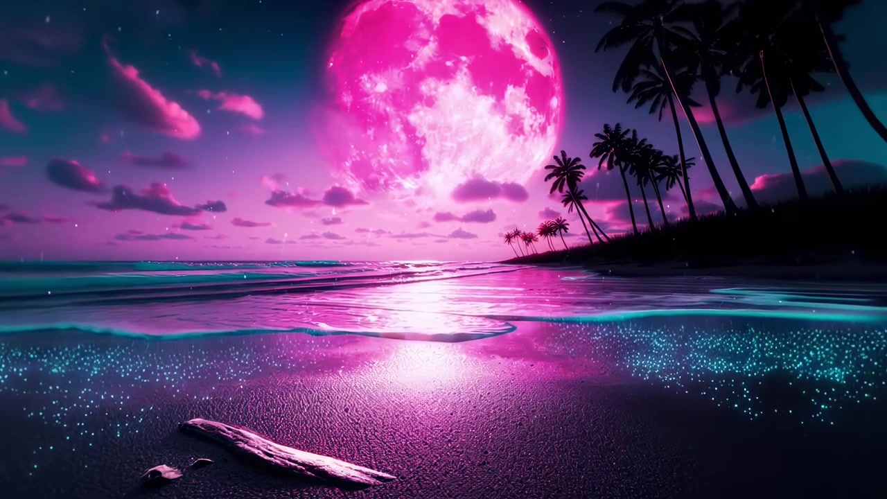 Spiaggia tropicale surreale di notte con onde bioluminescenti luminose e luna rosa gigante