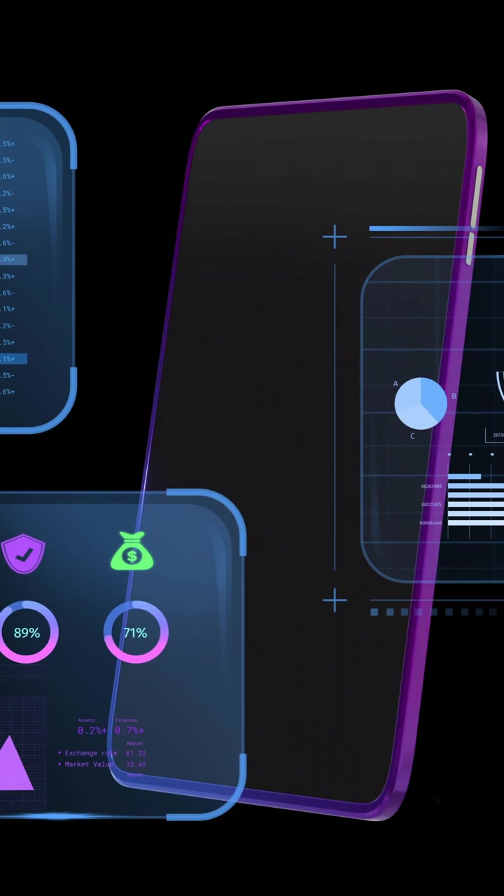 Animation of smartphone and screens with banking data over black background