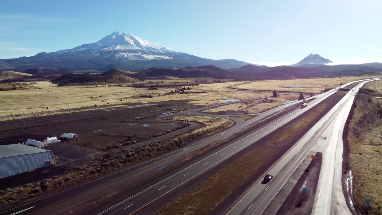 USA, CA, Weed, Weed Airport, 2024-12-27 - Drone view of Mt Shasta at the I-5 freeway at the Weed Airport Rest Area