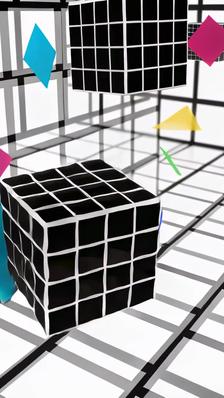 Video verticale: Panoramica che fa ruotare un cubo a griglia in uno studio, con pannelli che passano per creare profondità.