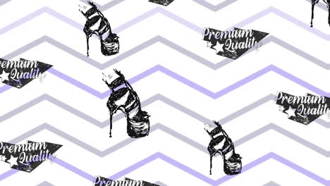 animation of premium quality text and high heels repeated on white background