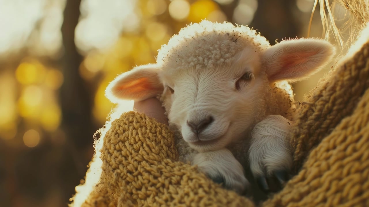Person hält ein süßes Lamm im Sonnenlicht der goldenen Stunde