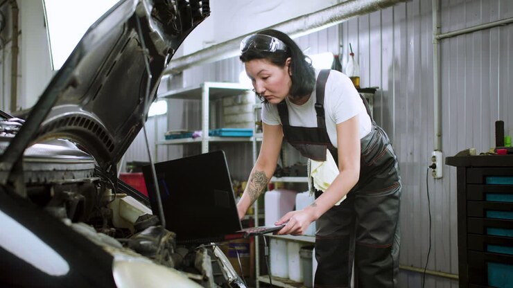 Donna che lavora in un garage